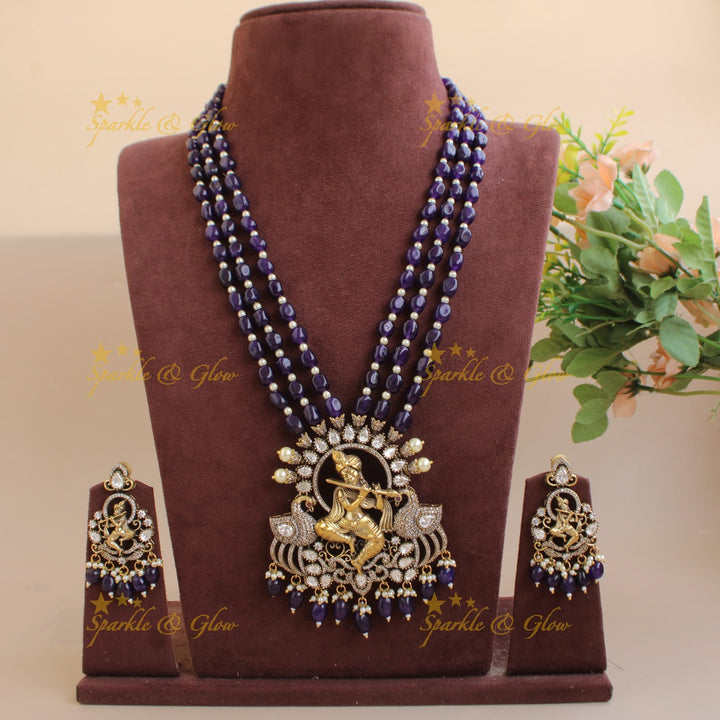 Statement Krishna playing flute peacock design pendant Victorian AD haram with multi layer beads chain - blue