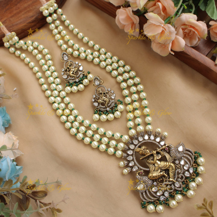 Statement Krishna playing flute peacock design pendant Victorian AD haram with multi layer pearl chain - pearl green