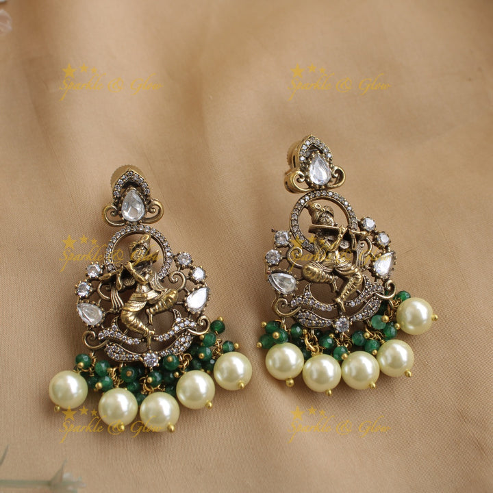Statement Krishna playing flute peacock design pendant Victorian AD haram with multi layer pearl chain - pearl green