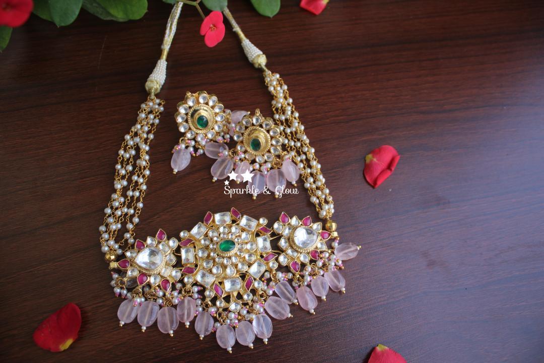 Statement jadau kundan pearl high neck choker - Sparkle and Glow