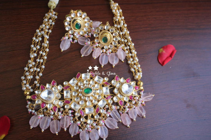 Statement jadau kundan pearl high neck choker - Sparkle and Glow