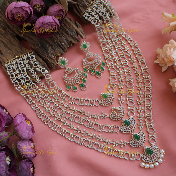 Gorgeous Floral leaf design five layer American diamond long necklace with pearls and emeralds
