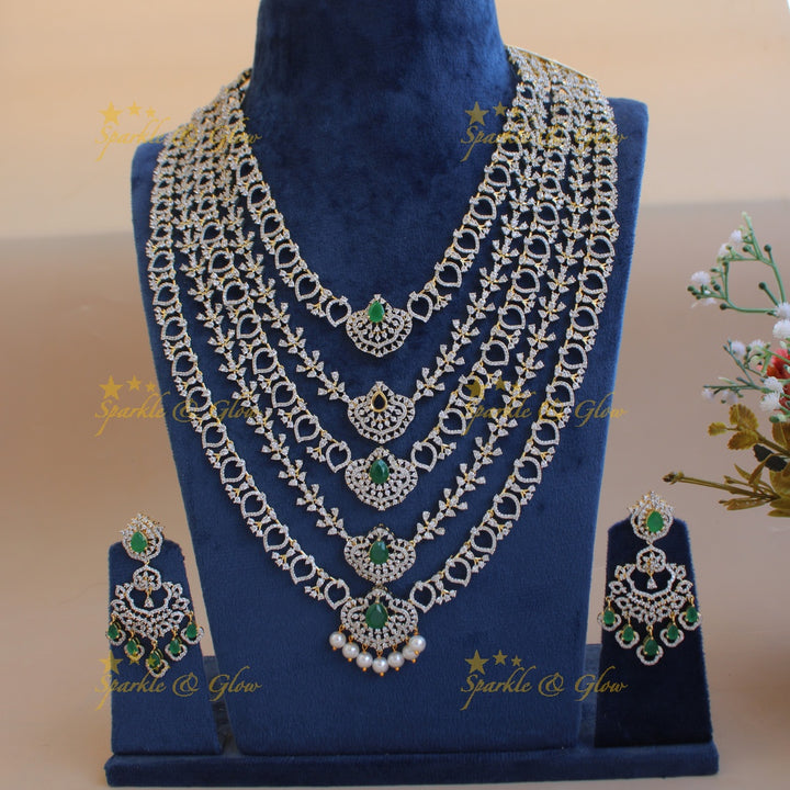 Gorgeous Floral leaf design five layer American diamond long necklace with pearls and emeralds
