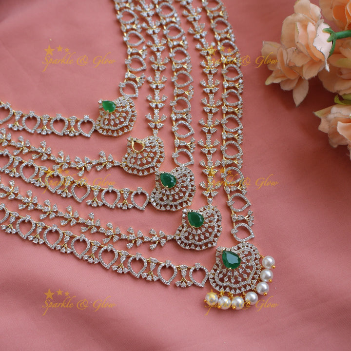 Gorgeous Floral leaf design five layer American diamond long necklace with pearls and emeralds