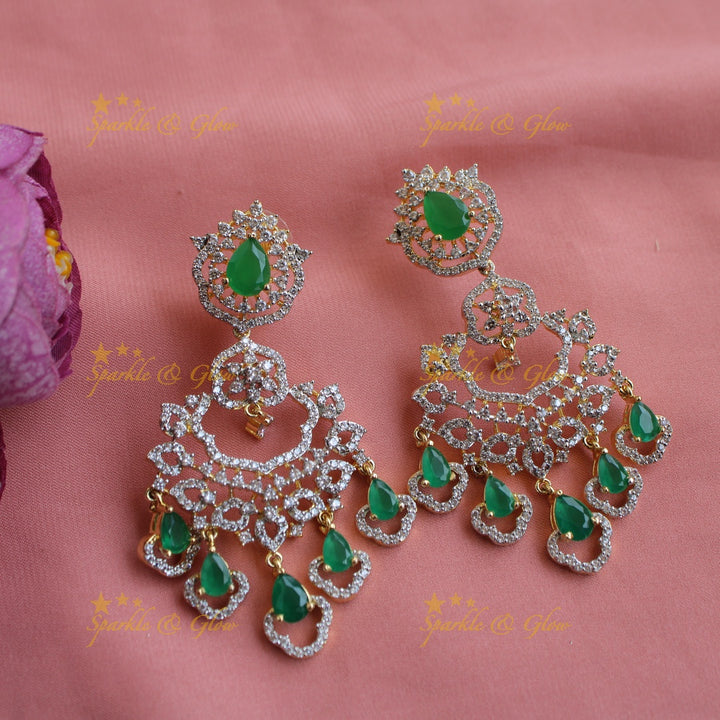 Gorgeous Floral leaf design five layer American diamond long necklace with pearls and emeralds