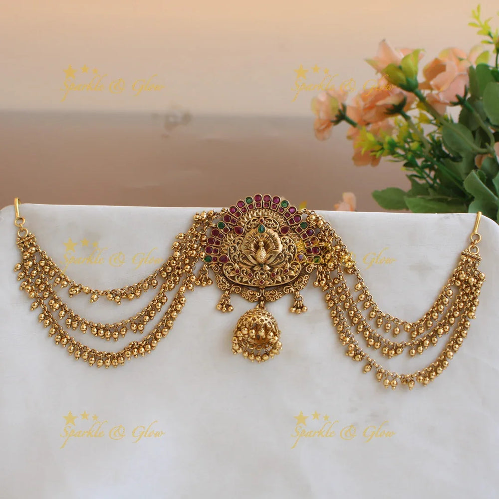 Stunning Peacock flower carved Jada billa with maatil with jhumuka drop - Sparkle and Glow