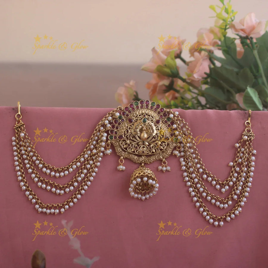Stunning Peacock flower carved Jada billa with maatil with jhumuka drop - Sparkle and Glow