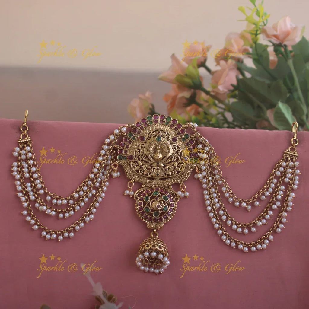 Ruby-Emerald Peacock Jada Billa with Jhumka Drops