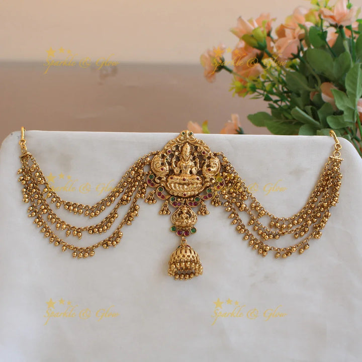 Statement Lakshmi peacock carved Jada billa with maatil with jhumuka drop - Sparkle and Glow