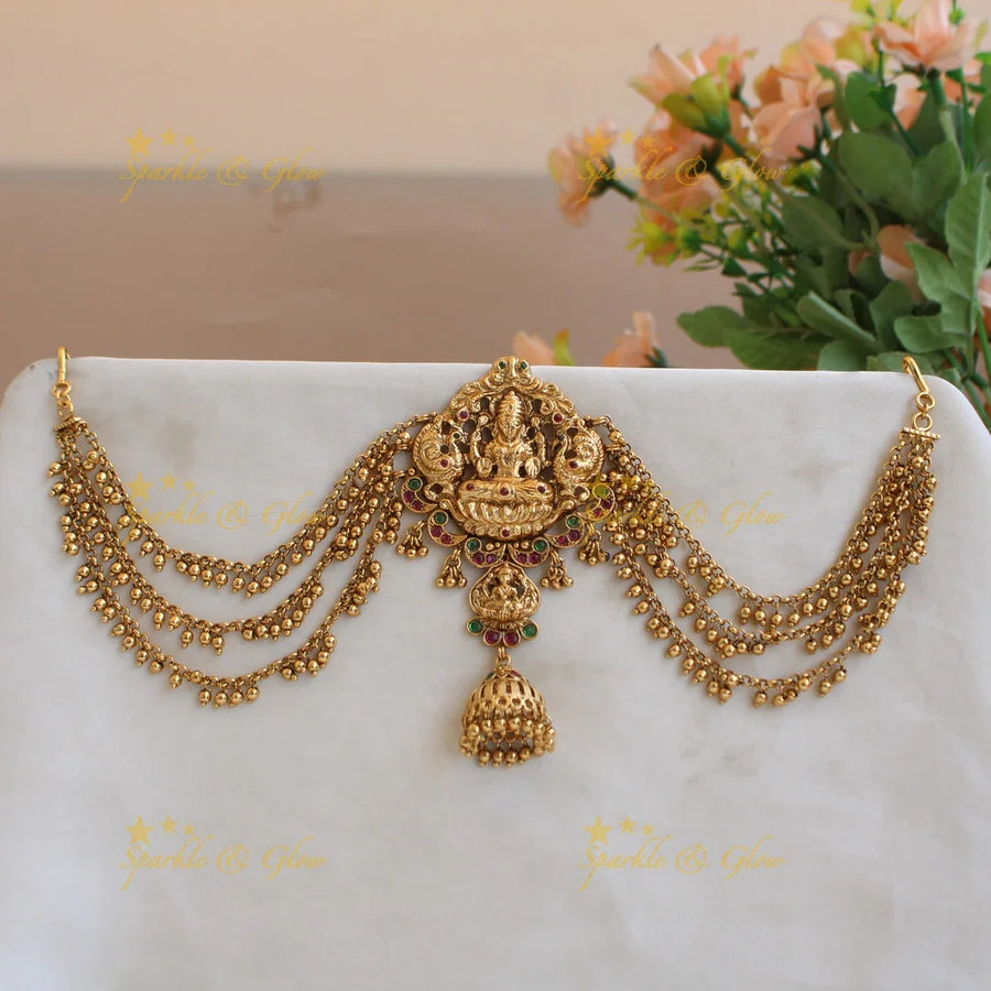 Statement Lakshmi peacock carved Jada billa with maatil with jhumuka drop - Sparkle and Glow