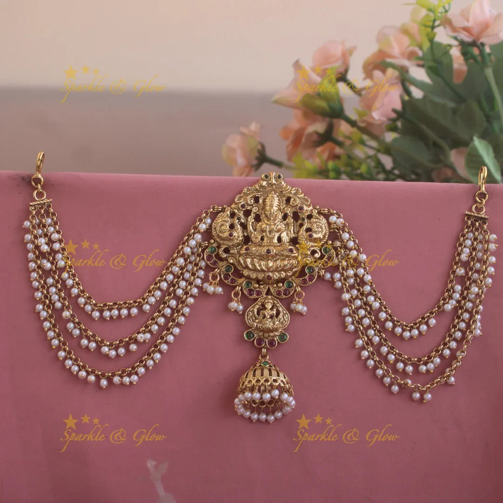 Statement Lakshmi peacock carved Jada billa with maatil with jhumuka drop - Sparkle and Glow