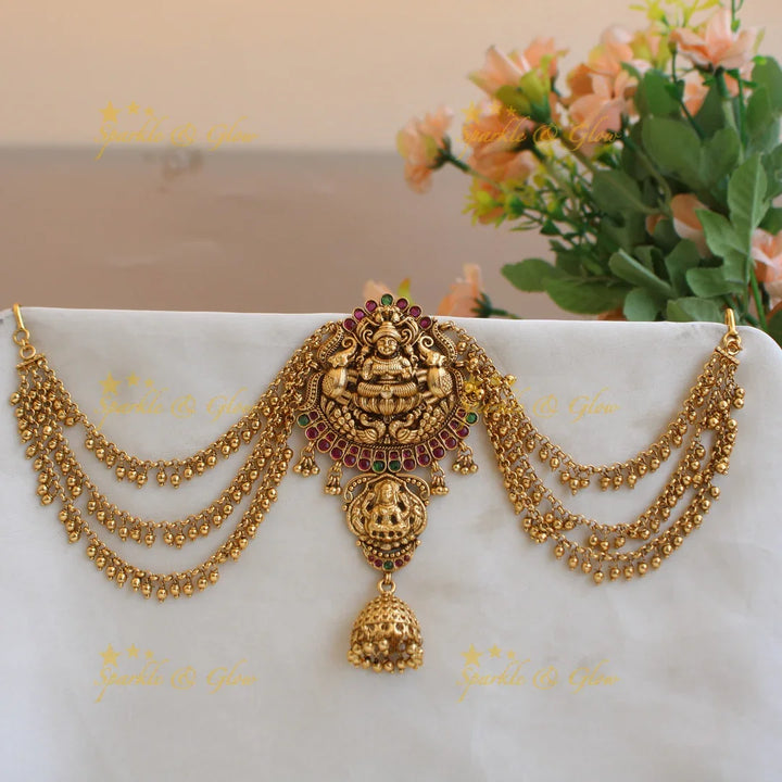 Elegant Lakshmi Elephant carved Jada billa with maatil with ruby emerald and jhumuka drop - Sparkle and Glow