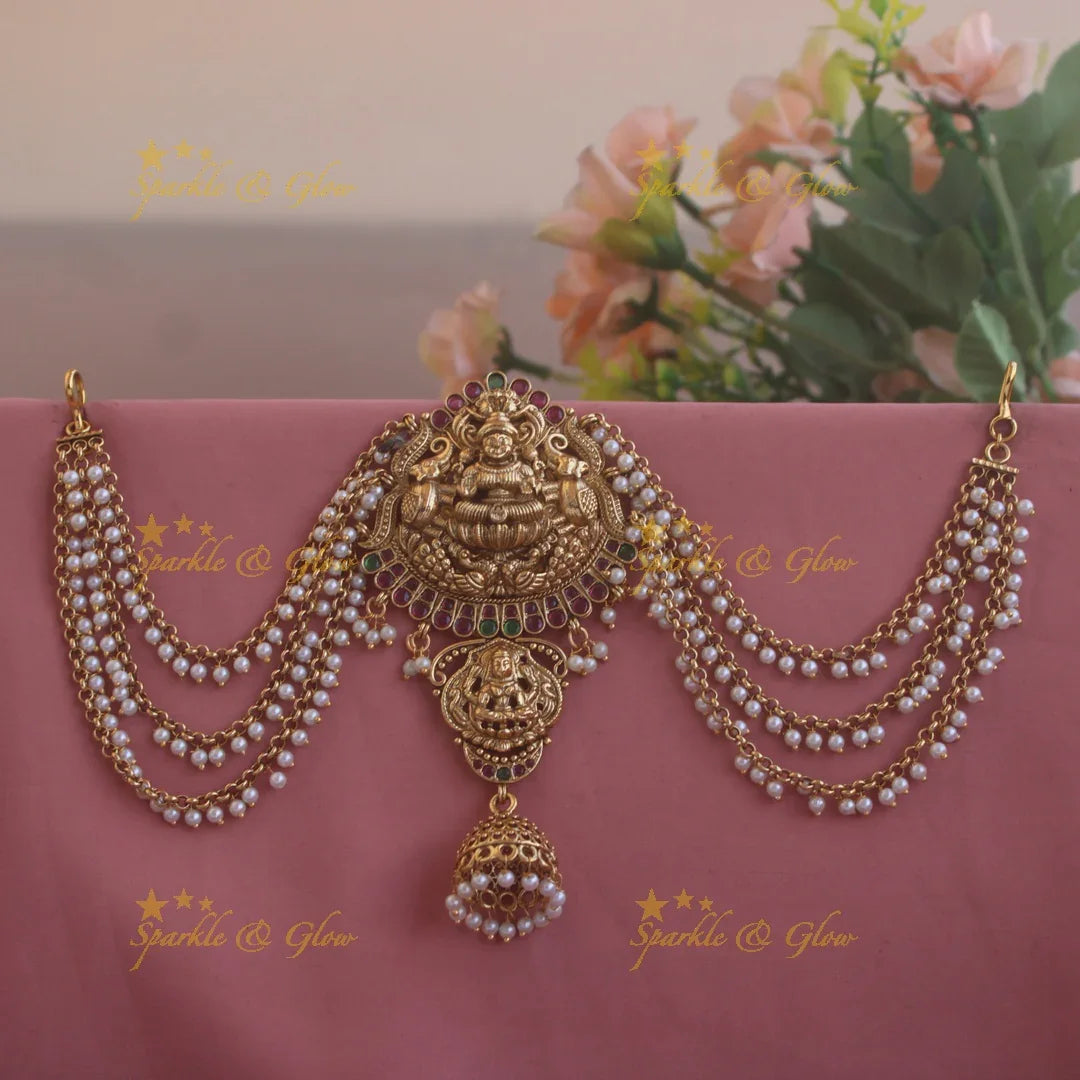 Elegant Lakshmi Elephant carved Jada billa with maatil with ruby emerald and jhumuka drop - Sparkle and Glow