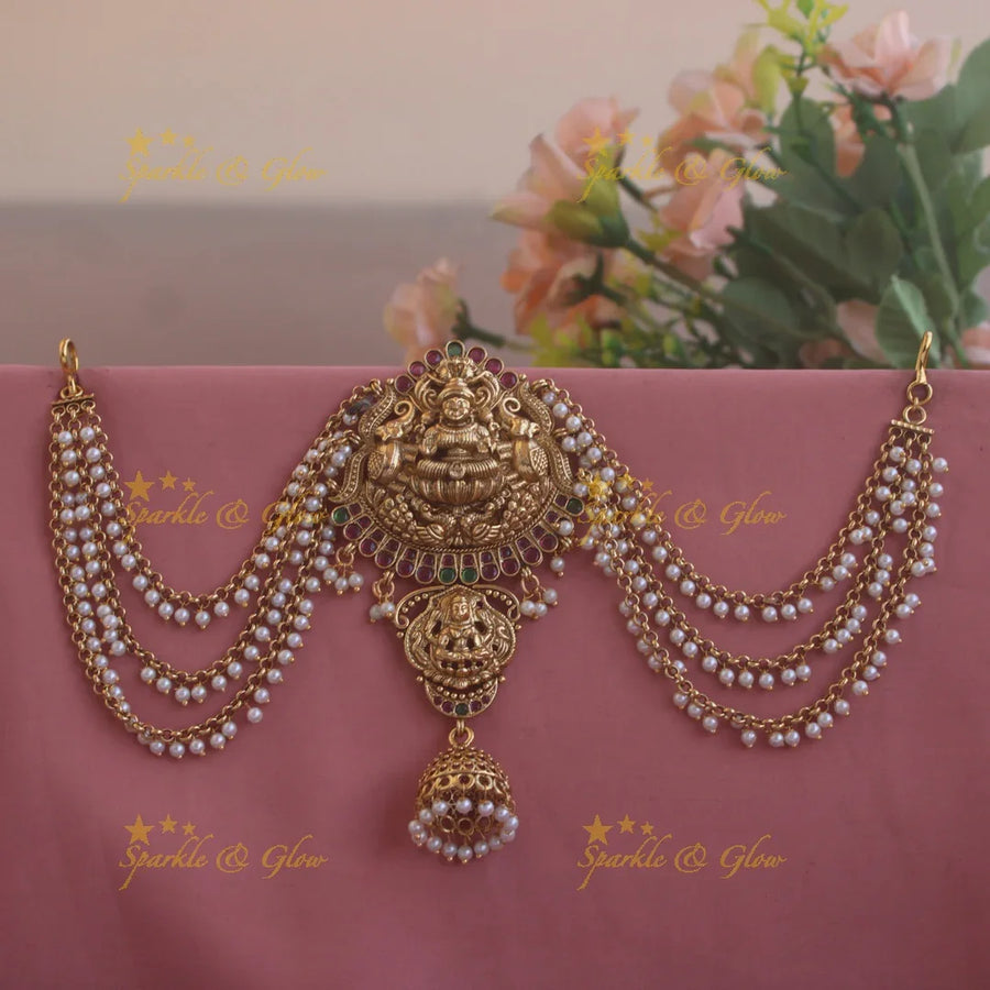 Elegant Lakshmi Elephant carved Jada billa with maatil with ruby emerald and jhumuka drop - Sparkle and Glow