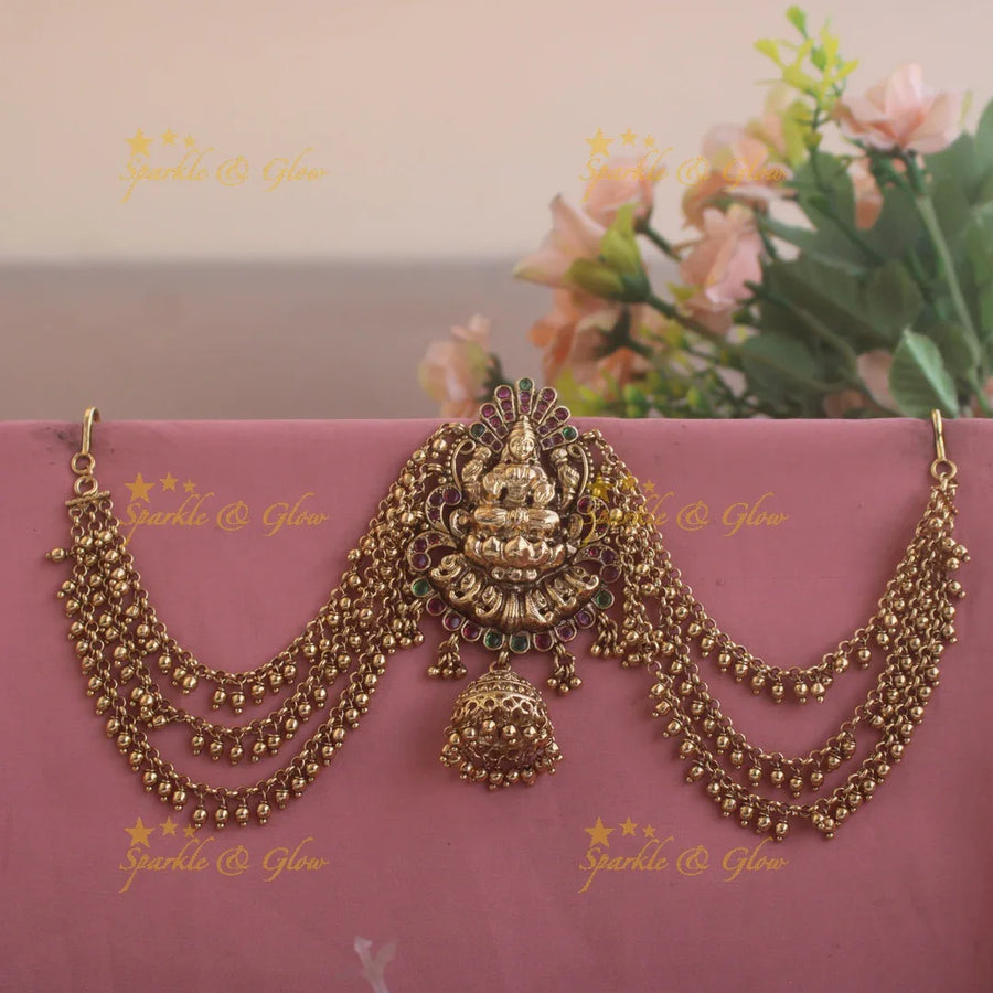Gorgeous Lakshmi carved Jada billa with maatil with ruby emerald and jhumuka drop - Sparkle and Glow