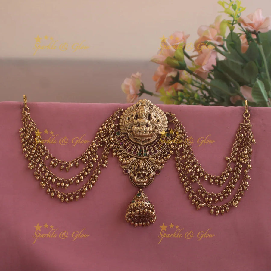 Grand Lakshmi half moon design Jada billa with maatil with ruby emerald and jhumuka drop - Sparkle and Glow