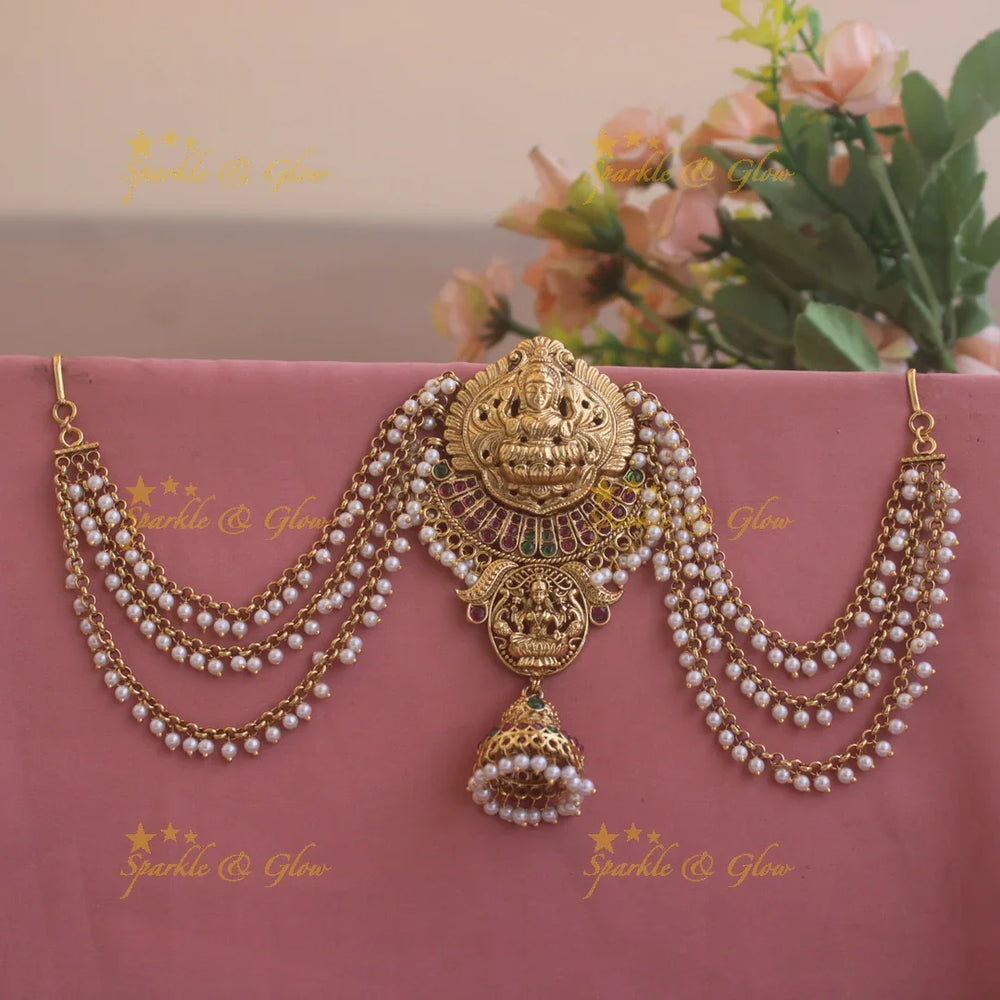 Grand Lakshmi half moon design Jada billa with maatil with ruby emerald and jhumuka drop - Sparkle and Glow