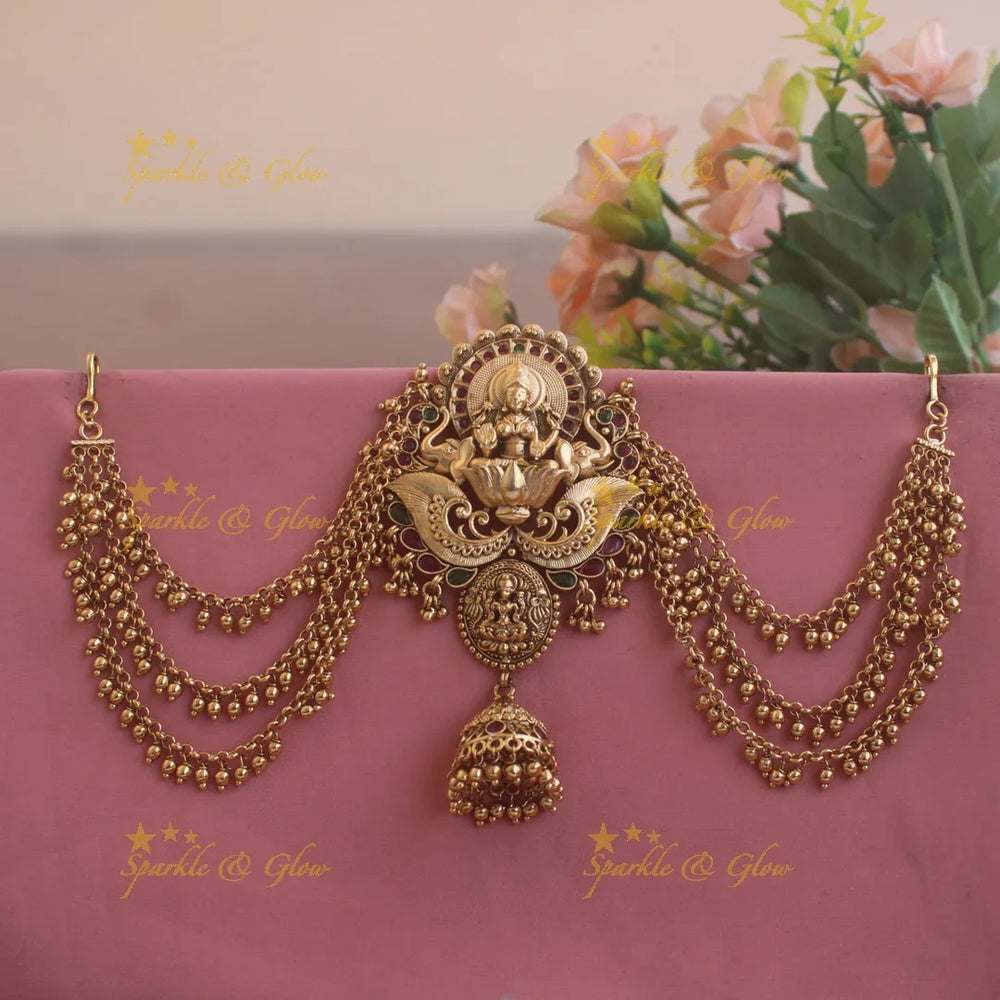 Beautiful Lakshmi on lotus and elephant carved Jada billa with maatil with jhumuka drop - Sparkle and Glow