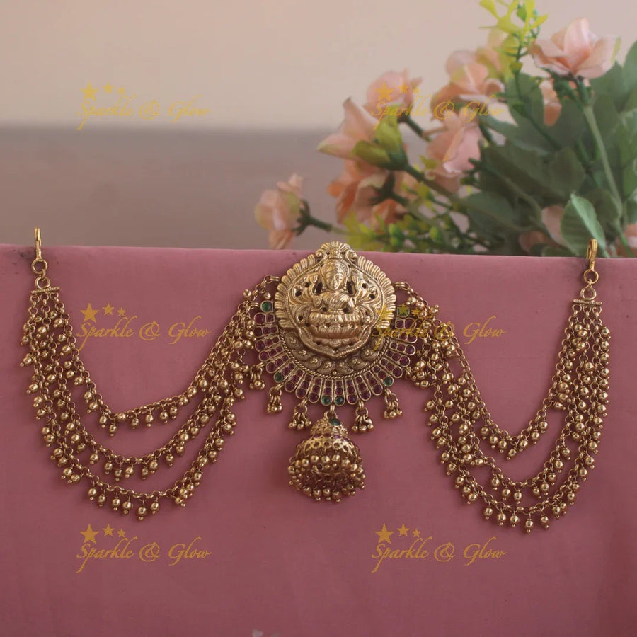 Elegant Lakshmi half moon design Jada billa with maatil with ruby emerald and jhumuka drop - Sparkle and Glow