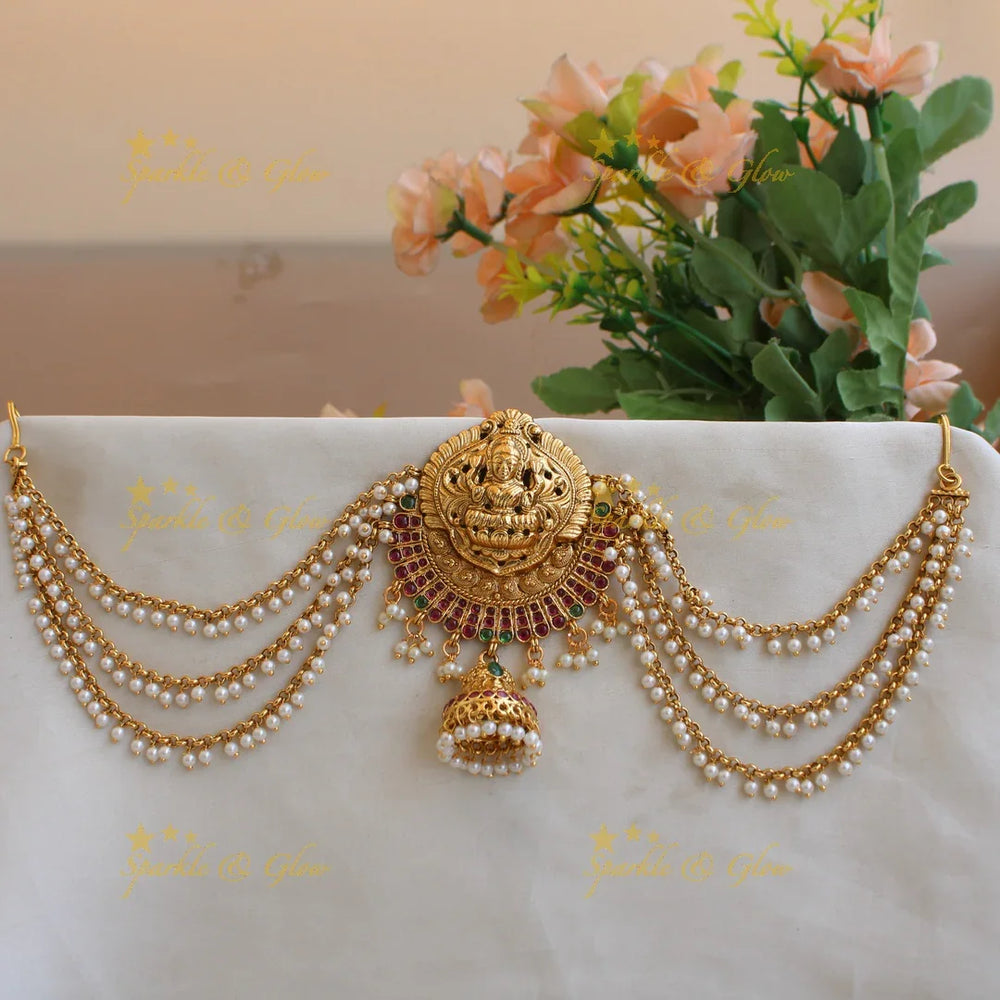 Elegant Lakshmi half moon design Jada billa with maatil with ruby emerald and jhumuka drop - Sparkle and Glow