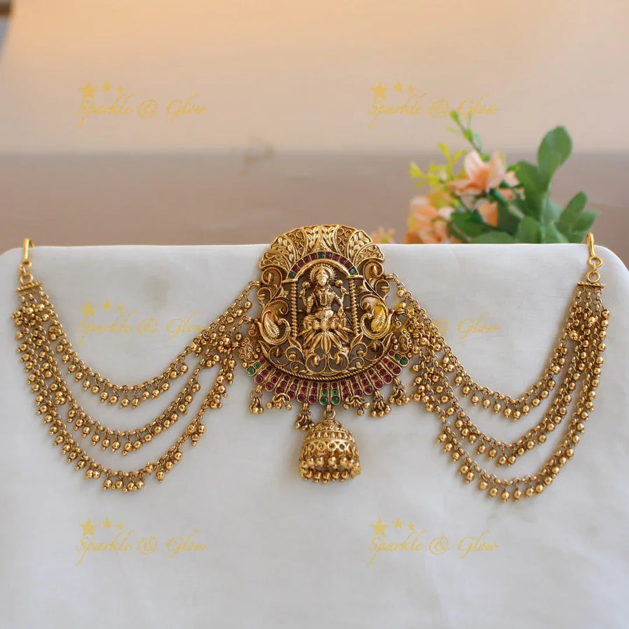 Grand intricate Lakshmi peacock carved Jada billa with maatil with jhumuka drop - Sparkle and Glow