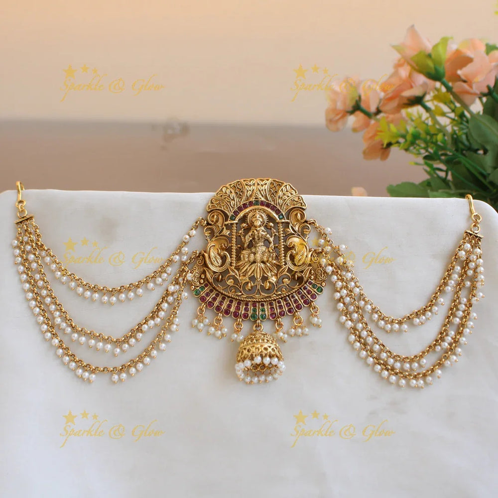 Grand intricate Lakshmi peacock carved Jada billa with maatil with jhumuka drop - Sparkle and Glow