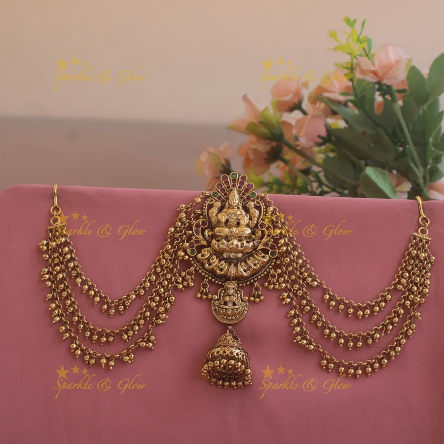 Exclusive Lakshmi carved Jada billa with maatil with ruby emerald and jhumuka drop - Sparkle and Glow