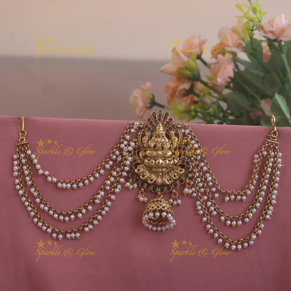 Exclusive Lakshmi carved Jada billa with maatil with ruby emerald and jhumuka drop - Sparkle and Glow