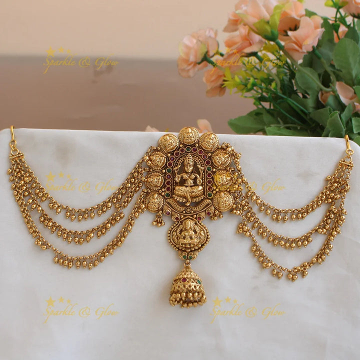 Gorgeous Lakshmi carved coin Jada billa with maatil with jhumuka drop - Sparkle and Glow