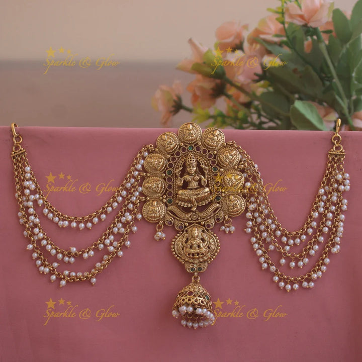 Gorgeous Lakshmi carved coin Jada billa with maatil with jhumuka drop - Sparkle and Glow