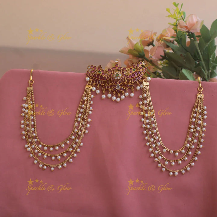 Elegant Peacock floral Jada billa with maatil with ruby emerald white stones and pearls - Sparkle and Glow