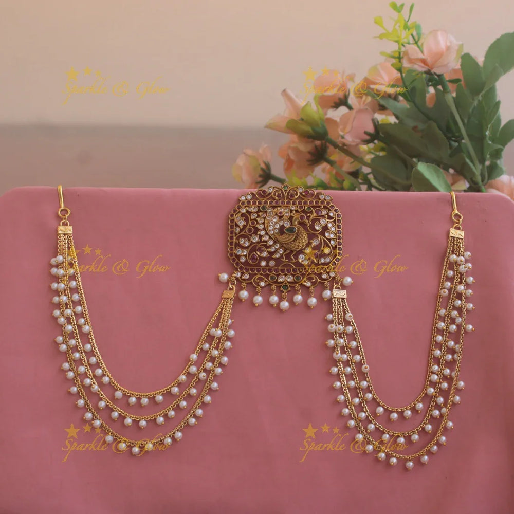 Stunning Rectangle shape Peacock Jada billa with maatil with ruby emerald white stones and pearls - Sparkle and Glow