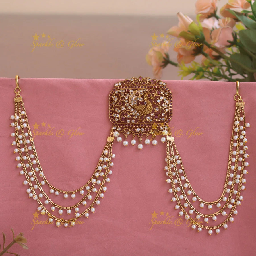Stunning Rectangle shape Peacock Jada billa with maatil with ruby emerald white stones and pearls - Sparkle and Glow