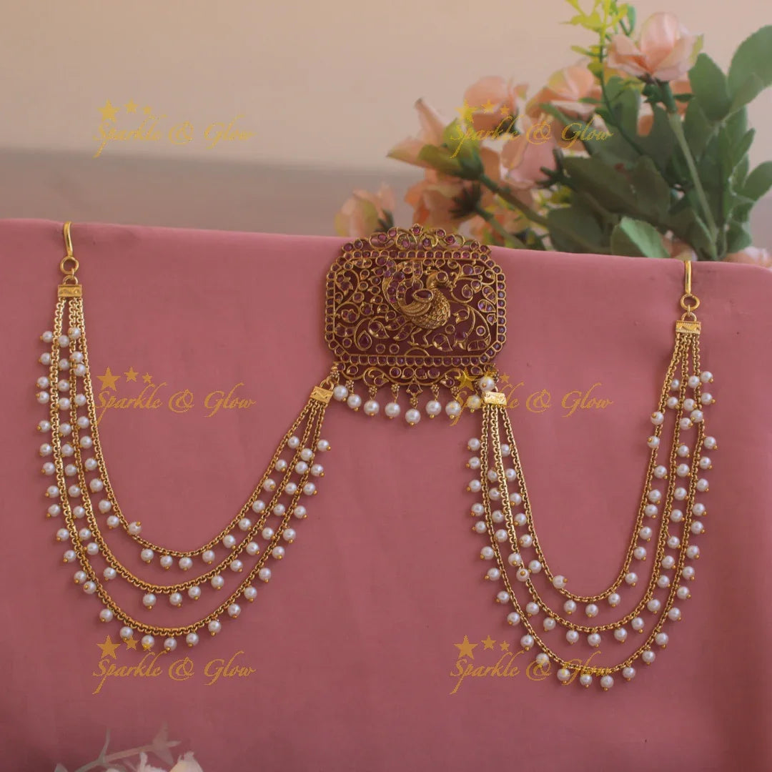 Stunning Rectangle shape Peacock Jada billa with maatil with ruby emerald white stones and pearls - Sparkle and Glow