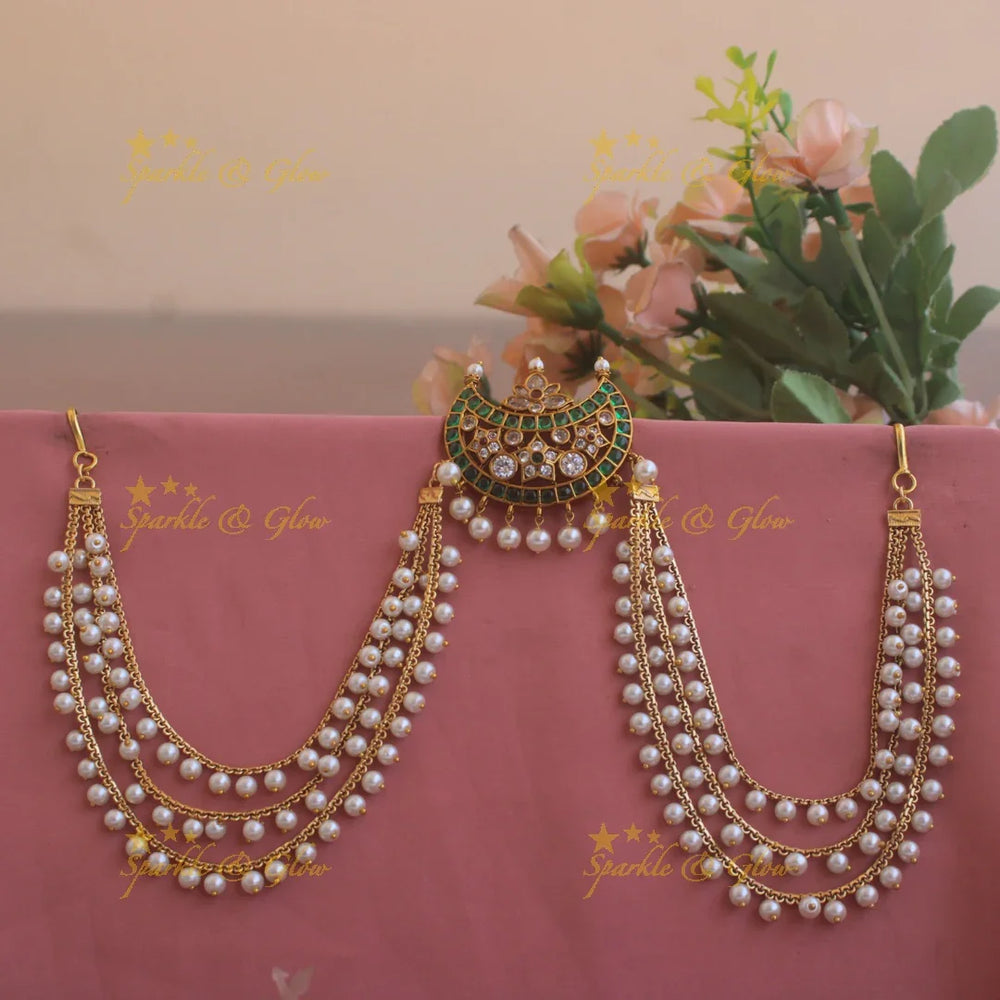 Half Moon floral design Jada billa with maatil with emerald white stones and pearls - Sparkle and Glow