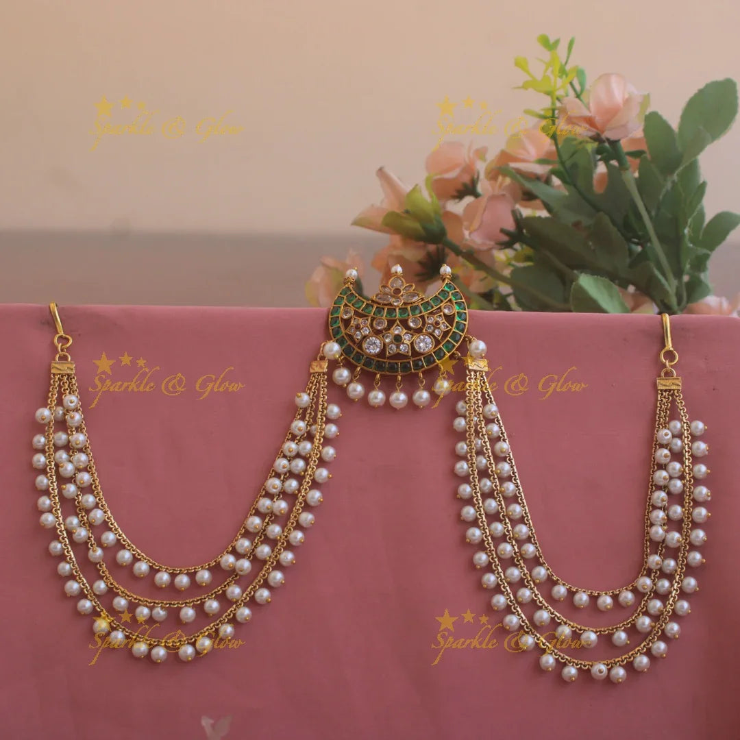 Half Moon floral design Jada billa with maatil with emerald white stones and pearls - Sparkle and Glow