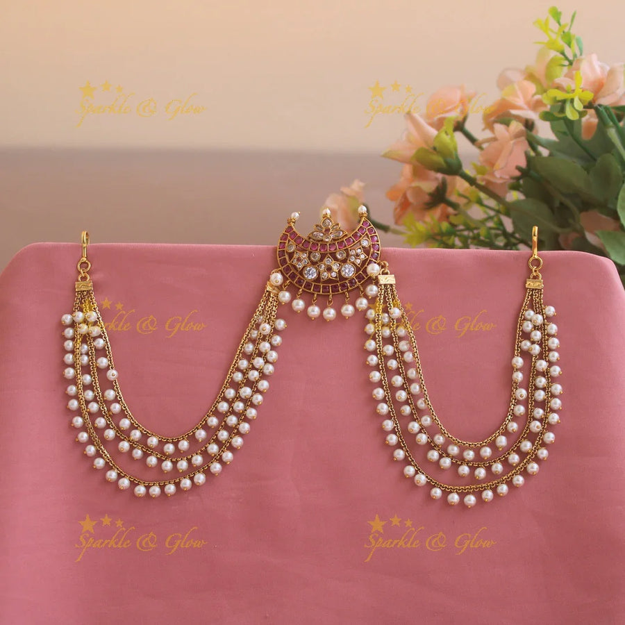 Half Moon floral design Jada billa with maatil with emerald white stones and pearls - Sparkle and Glow