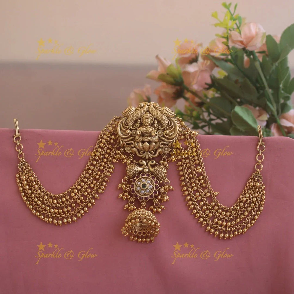 Exclusive Lakshmi peacock carved Jada billa with maatil with stones and jhumuka drop - gold beads - Sparkle and Glow