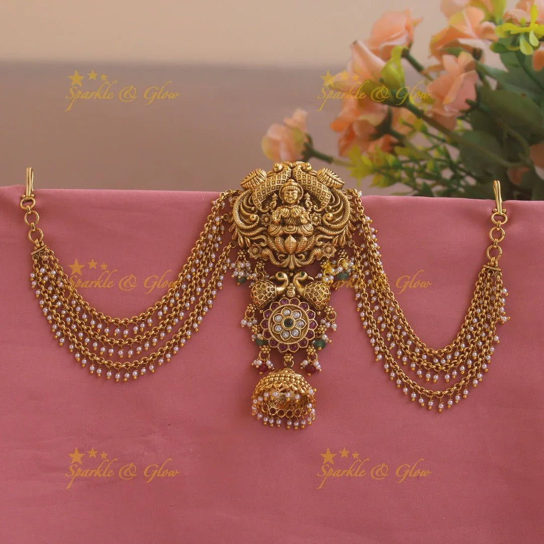Exclusive Lakshmi peacock carved Jada billa with maatil with stones and jhumuka drop - gold beads - Sparkle and Glow