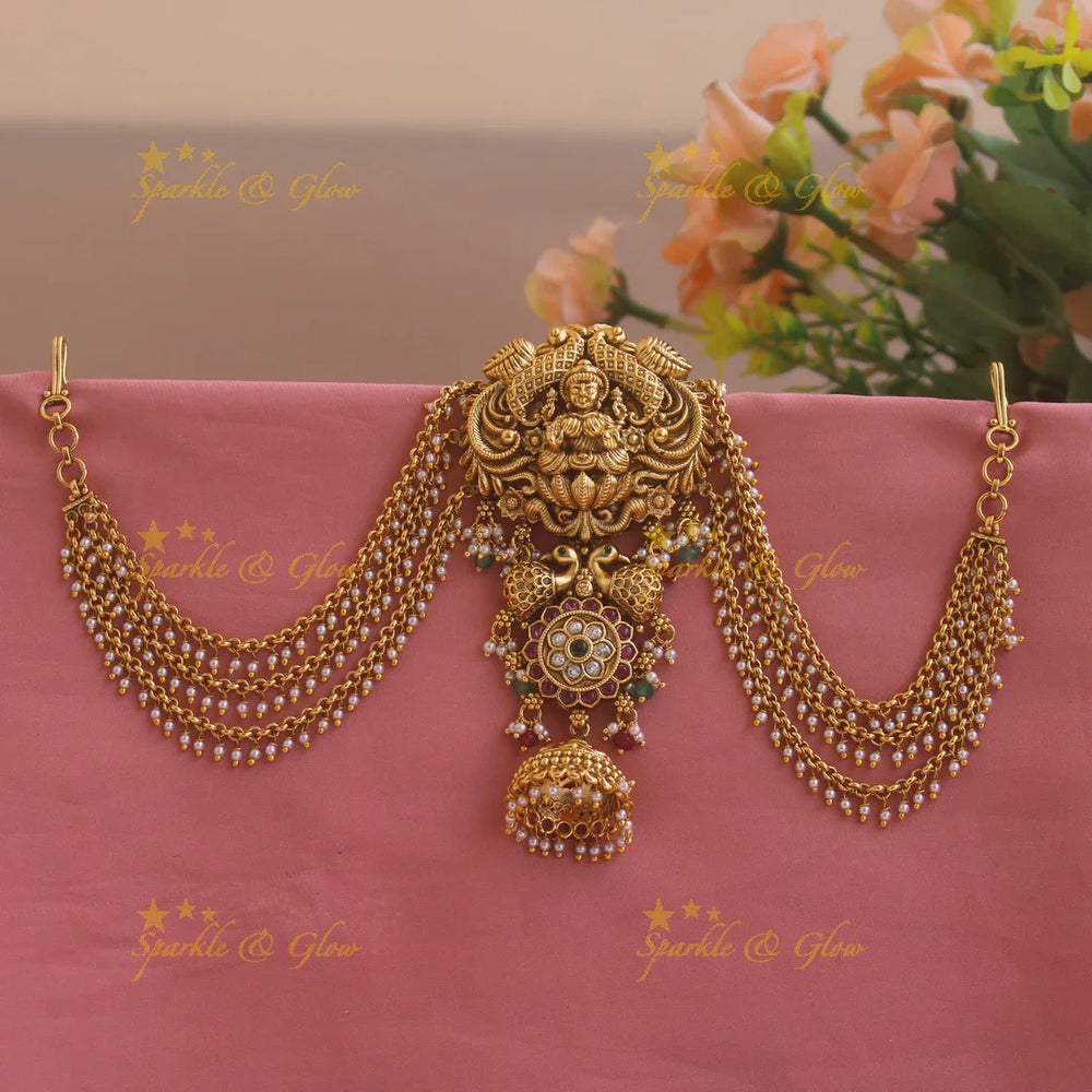 Exclusive Lakshmi peacock carved Jada billa with maatil with stones and jhumuka drop - Sparkle and Glow