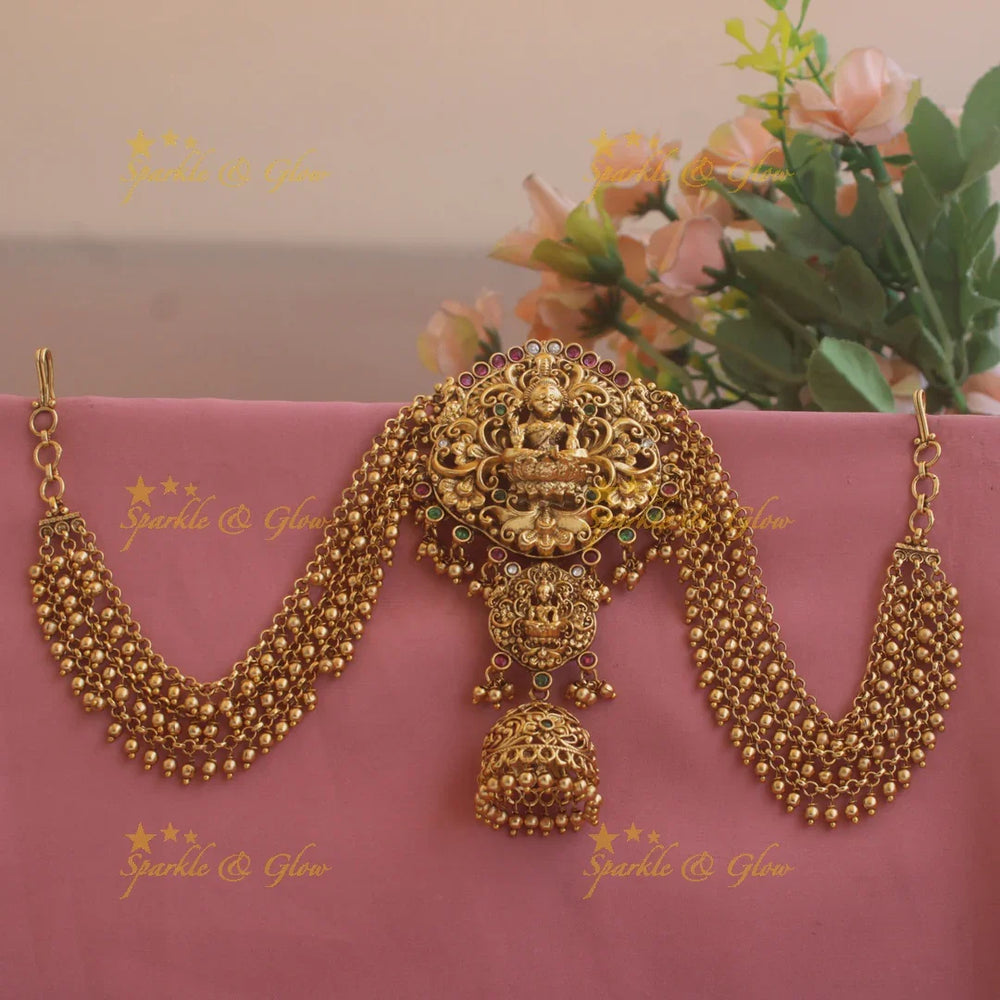 Grand Lakshmi flower carved Jada billa with maatil with stones and jhumuka drop - Sparkle and Glow