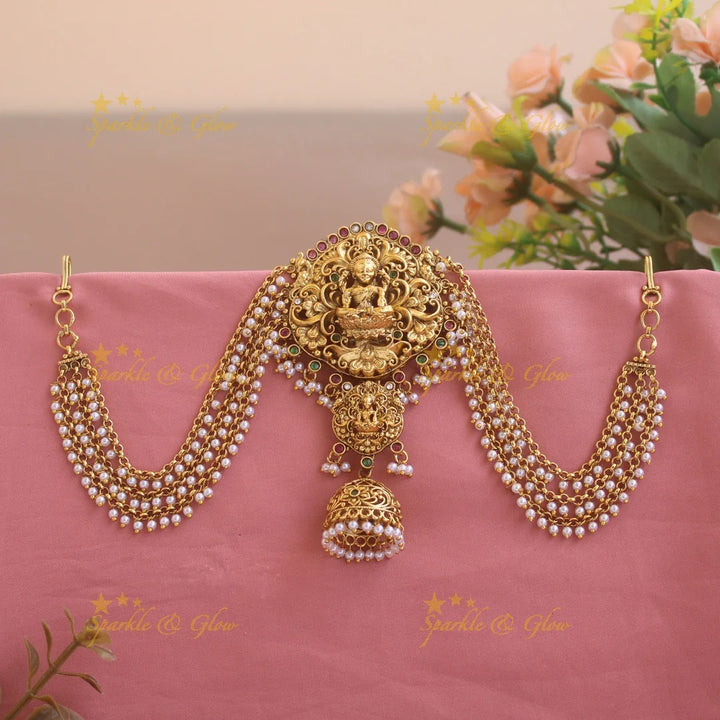 Grand Lakshmi flower carved Jada billa with maatil with stones and jhumuka drop - Sparkle and Glow
