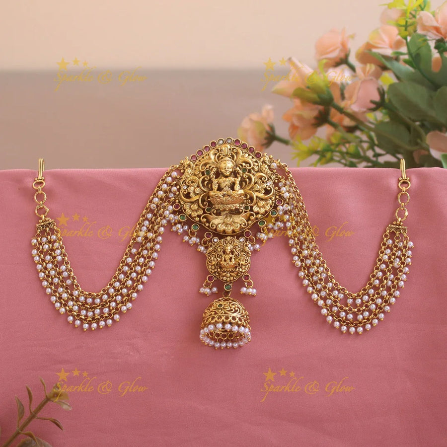 Grand Lakshmi flower carved Jada billa with maatil with stones and jhumuka drop - Sparkle and Glow