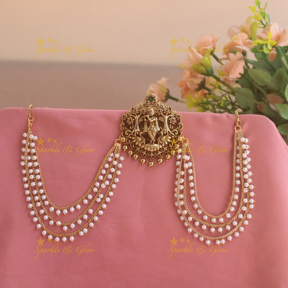 Gorgrous Krishna playing flute floral design Jada billa with pearl maatil - Sparkle and Glow