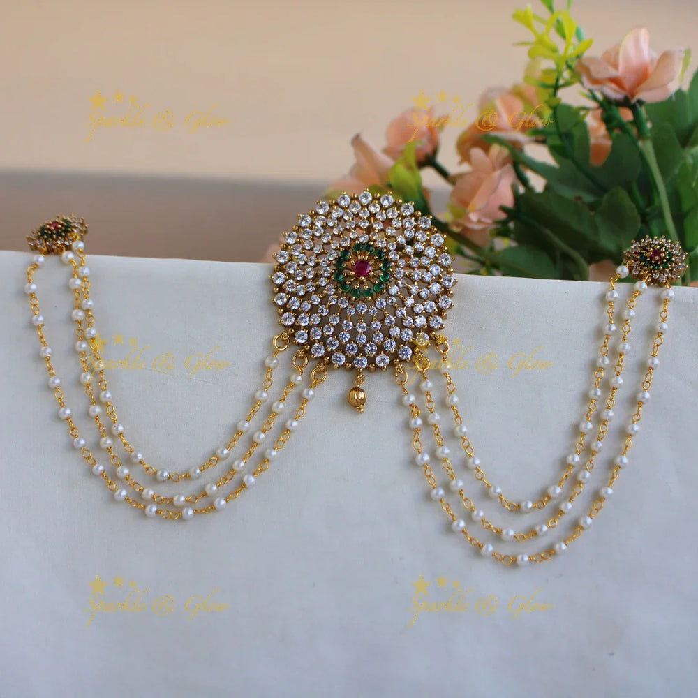 Exclusive Floral design Jada billa with pearl maatil with CZ stones and emerald - Sparkle and Glow