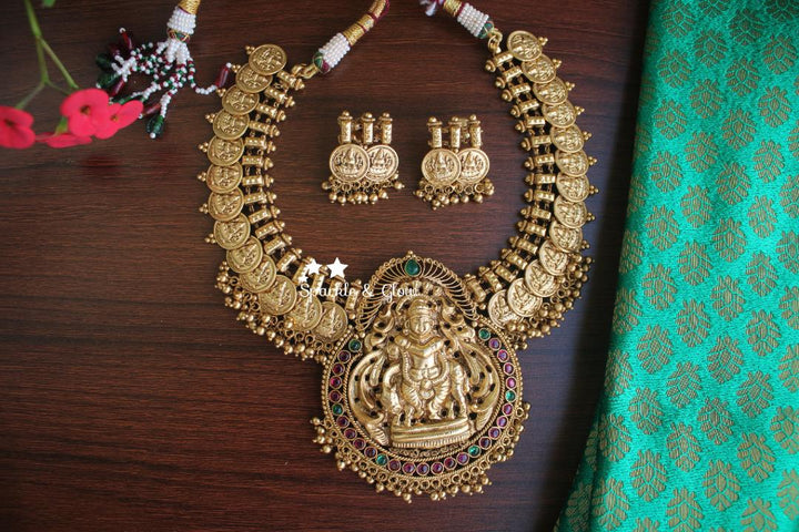 Gold like coin lakshmi necklace with  pearl beads