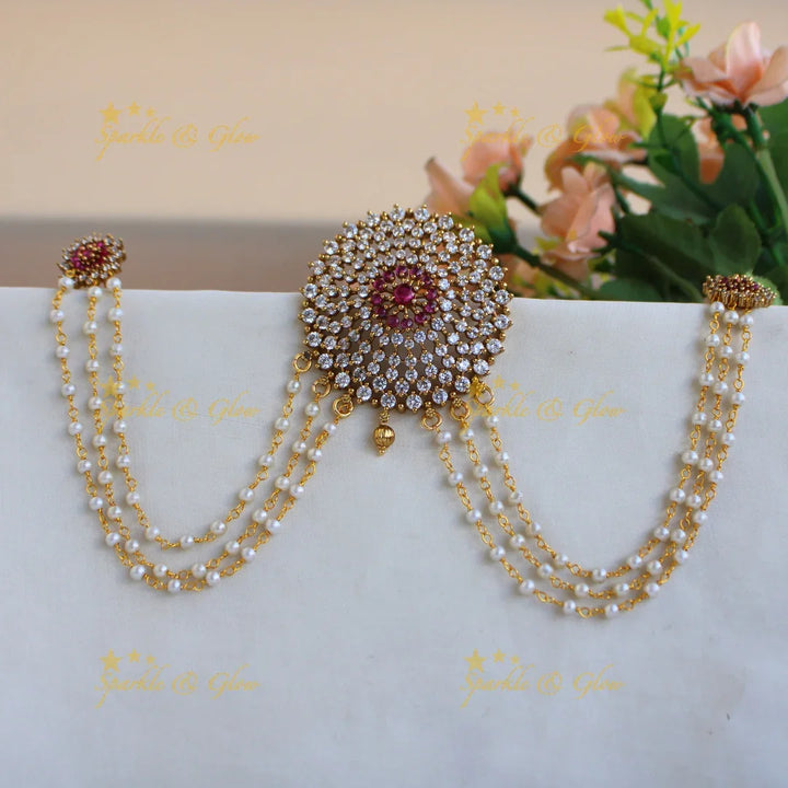 Exclusive Floral design Jada billa with pearl maatil with CZ stones and emerald - Sparkle and Glow