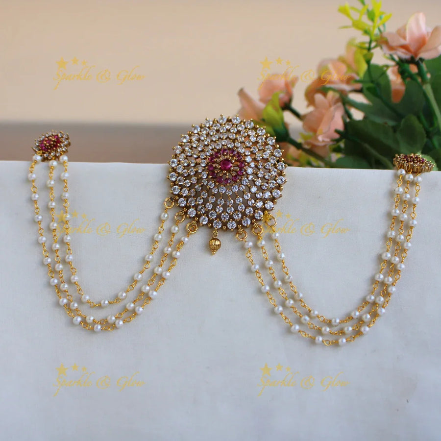 Exclusive Floral design Jada billa with pearl maatil with CZ stones and emerald - Sparkle and Glow