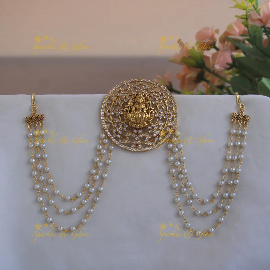 Stunning Lakshmi carved Round shape floral Jada billa with pearl maatil with CZ stones - Sparkle and Glow