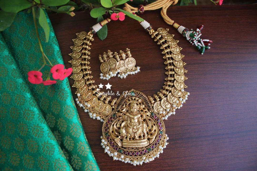 Gold like coin lakshmi necklace with  pearl beads